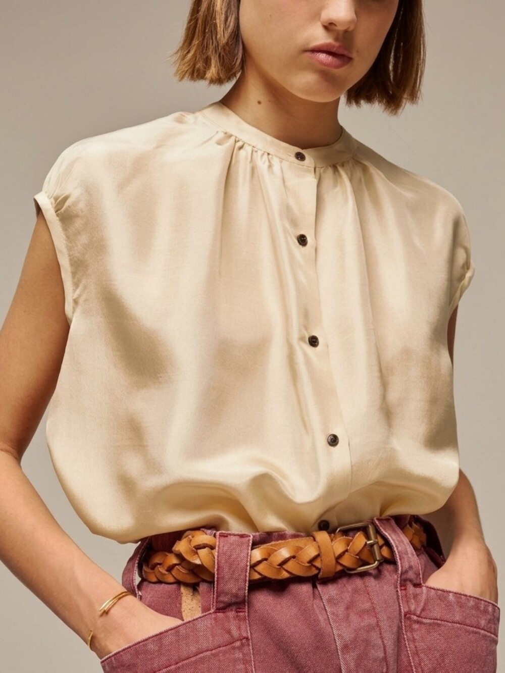 Soeur Dupion Silk Shirt Cream Size 36 Round Neck Button Down Sleeveless Blouse